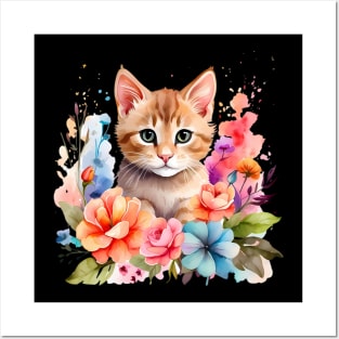 A cat decorated with beautiful watercolor flowers Posters and Art